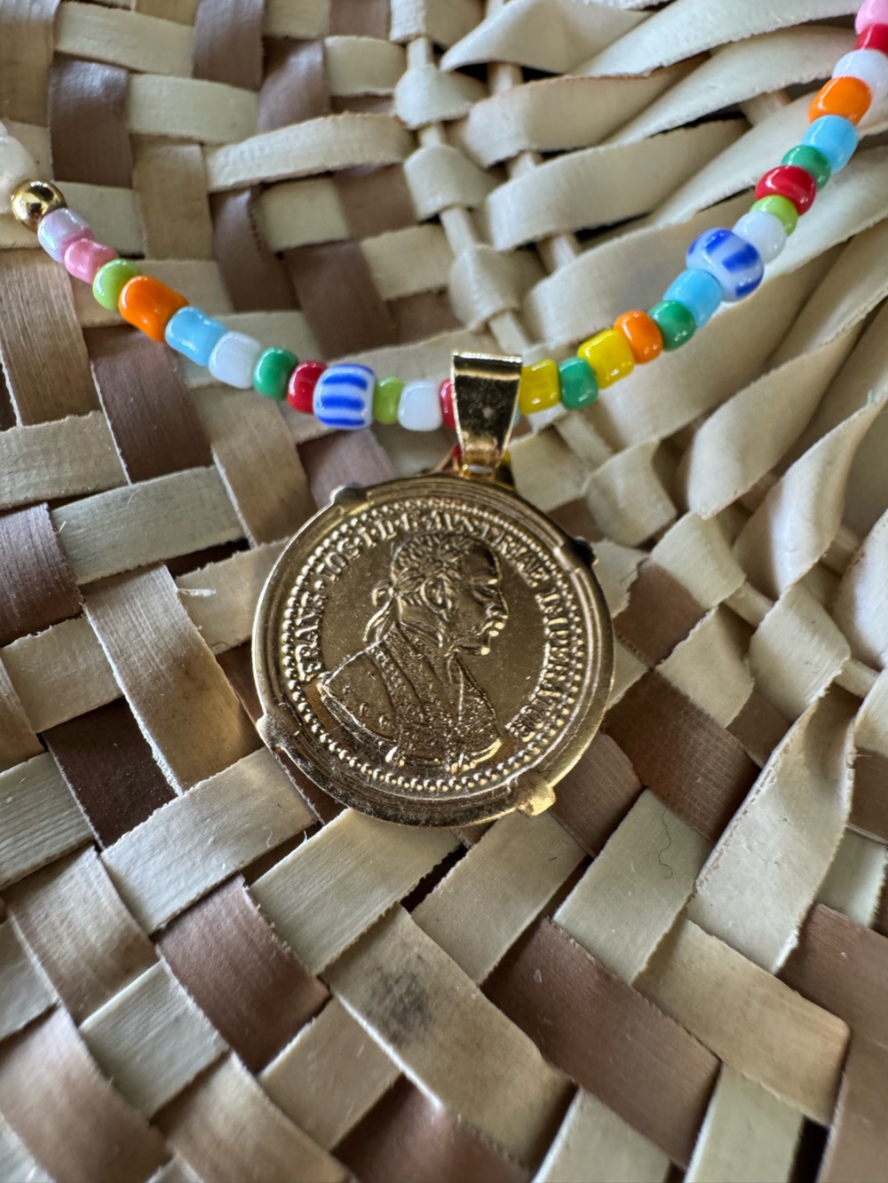 Gold Coin Pendant Multicolor Beaded Necklace with Pearls - Picture 5 of 5